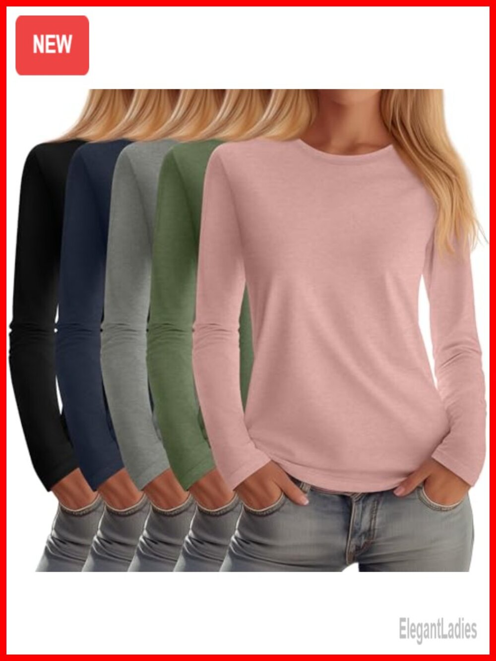 5 Pack Womens Long Sleeve Crew Neck Cotton Blend T-Shirts Casual Basic Tees
